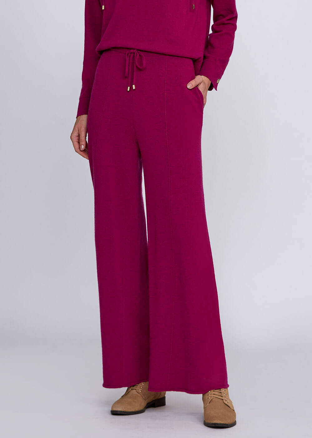 Kaşmir Karışımlı Bağcıklı Pembe Triko Pantolon - 1