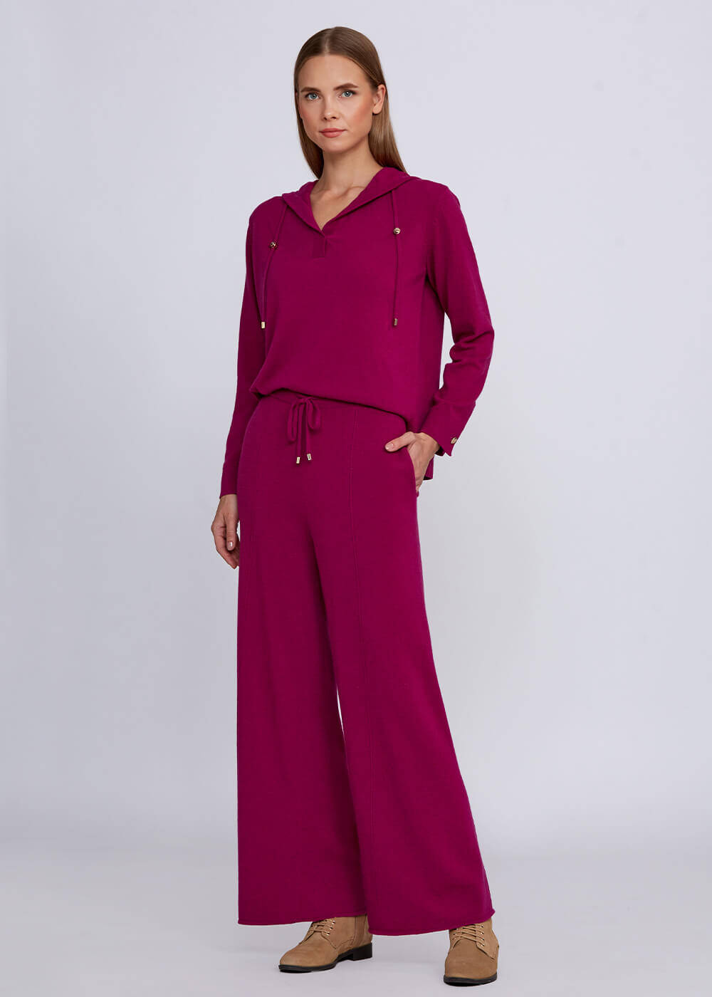 Kaşmir Karışımlı Bağcıklı Pembe Triko Pantolon - 2