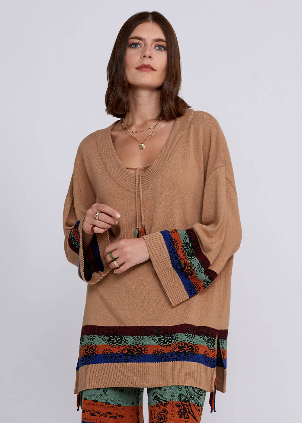 Kaşmir Yün Karışımlı V Yaka Camel Triko Tunik - 1