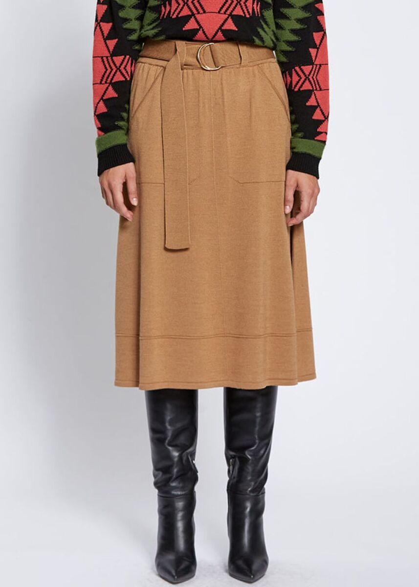 Kemer Detaylı Merino Yün Camel Triko Etek - KNITSS