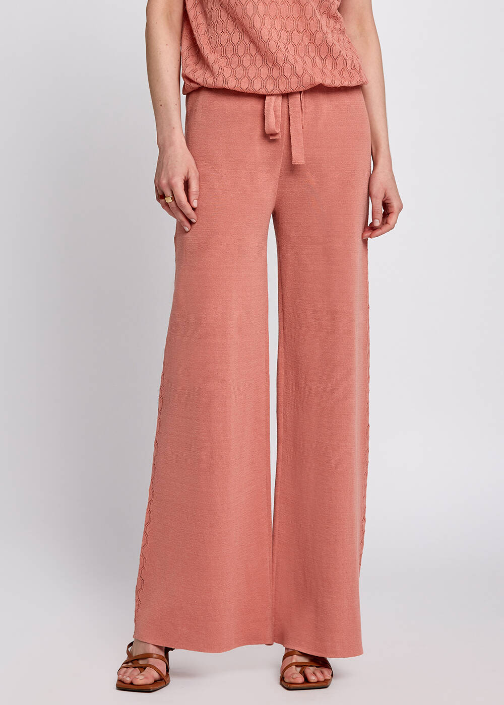 Keten Karışımlı Rahat Kesim Pembe Triko Pantolon - 1