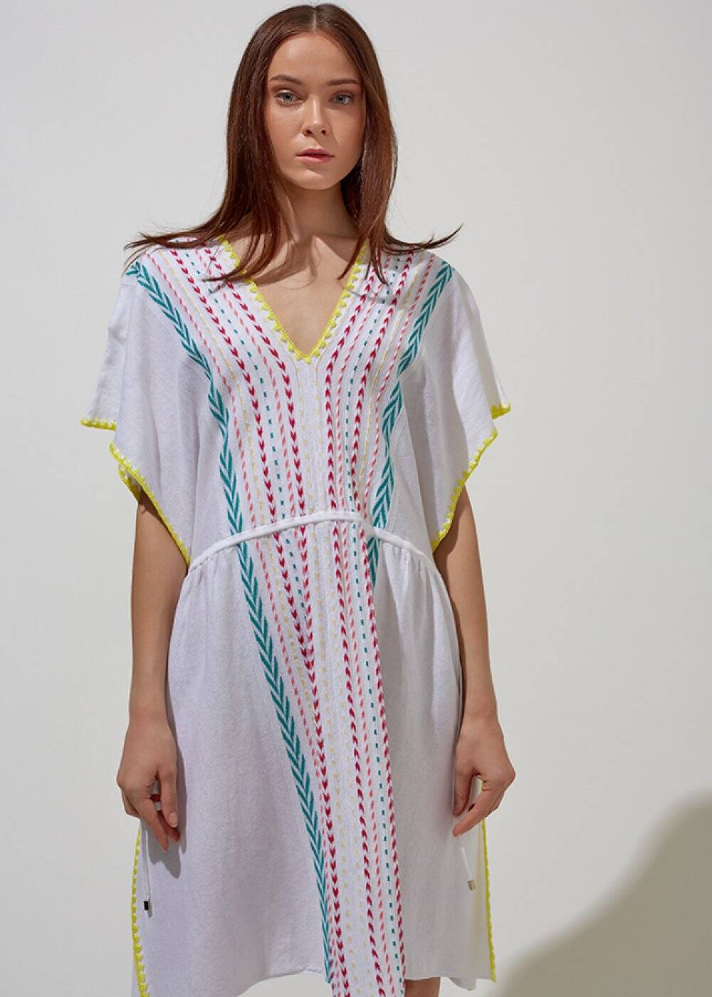 Keten Karışımlı Beyaz Yazlık Triko Elbise - 1