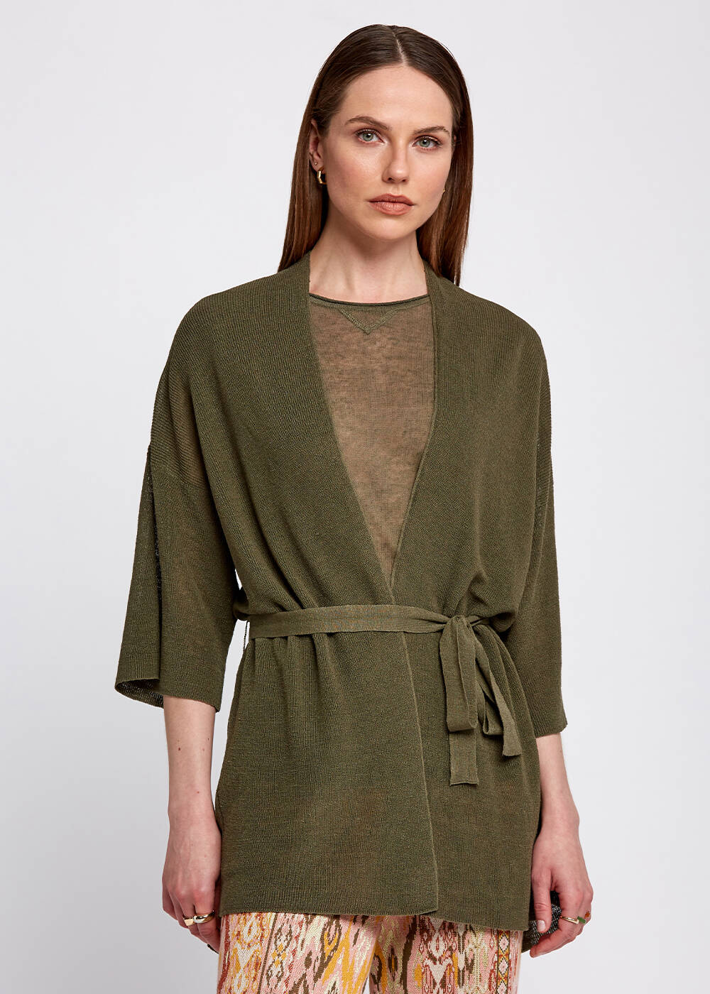 Keten Karışımlı Rahat Kesim Haki Triko Hırka - 1