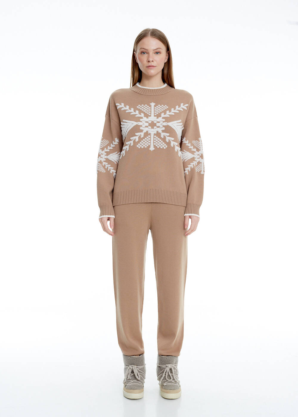 Kış Desenli Camel Extrafıne Merino Triko - 2