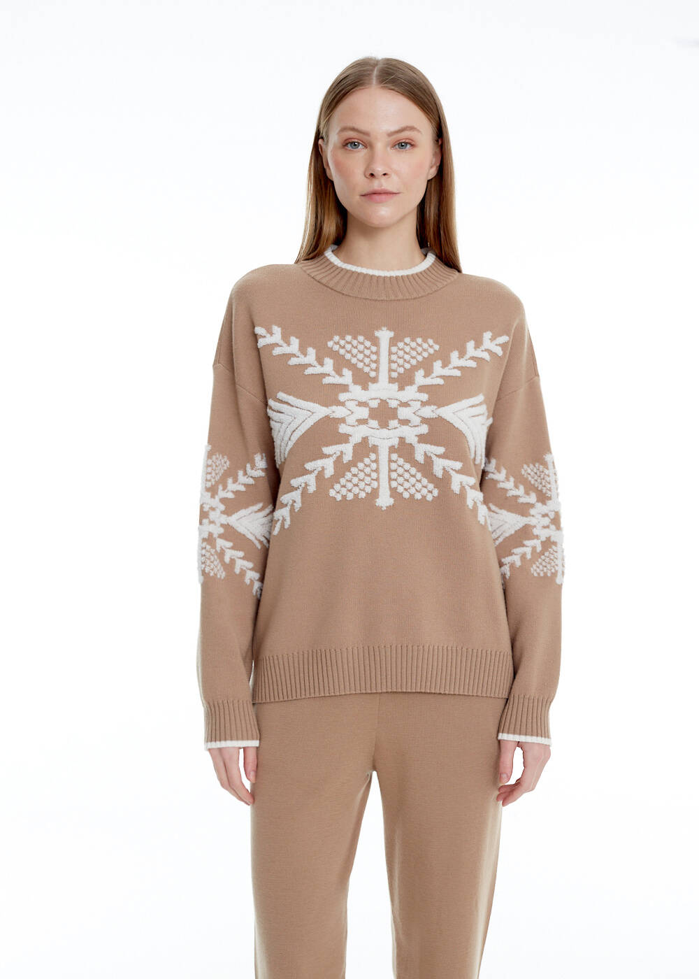 Kış Desenli Camel Extrafıne Merino Triko - 1