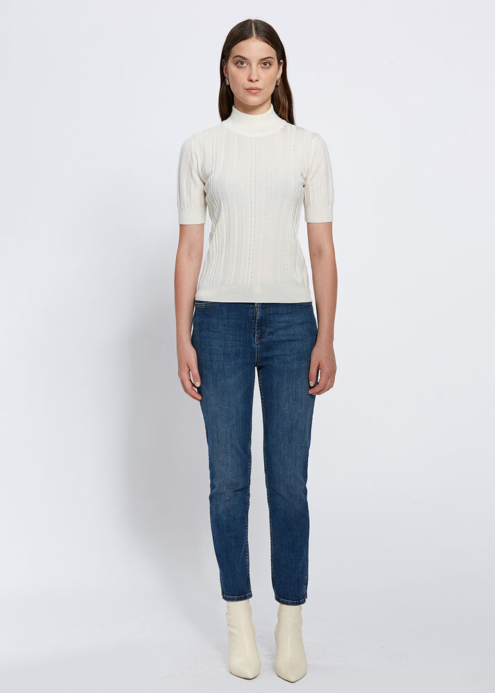 Kısa Kollu Balıkçı Yaka Merino Yün Ekru Triko Üst - KNITSS (1)