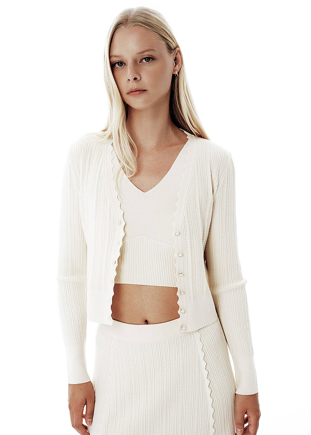 Knit Detail Enamel Button Beige Cardigan - 1