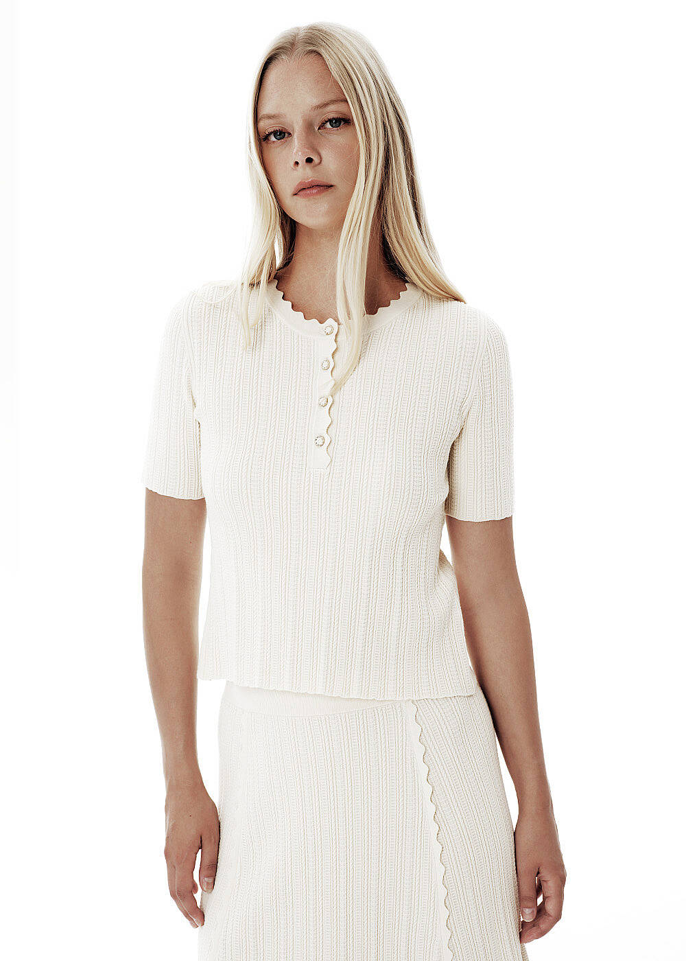 Knit Detail Enamel Button Beige Top - 1