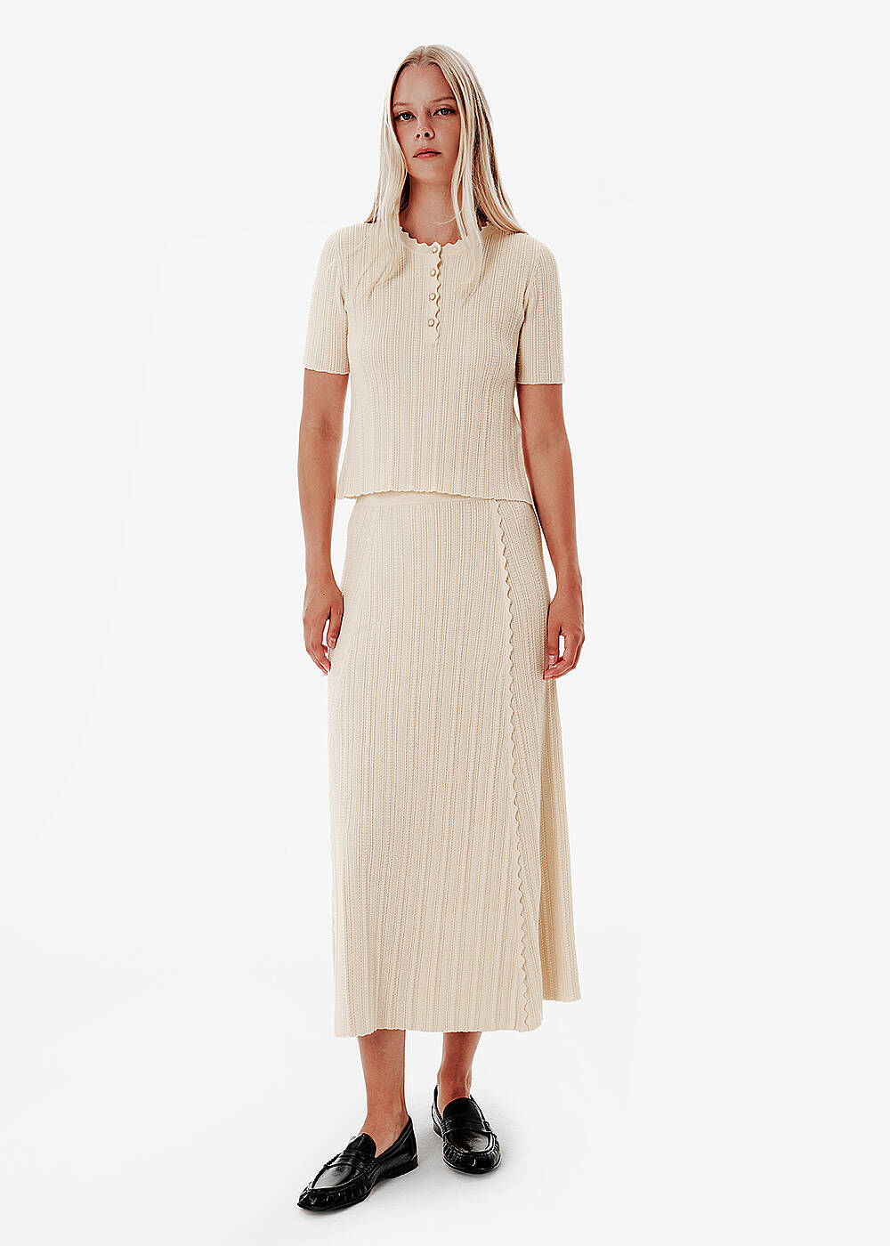 Knit Detail Enamel Button Beige Top - 2