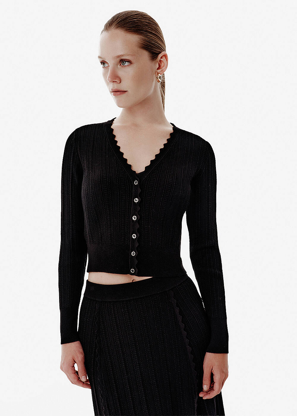 Knit Detail Enamel Button Black Cardigan - 2