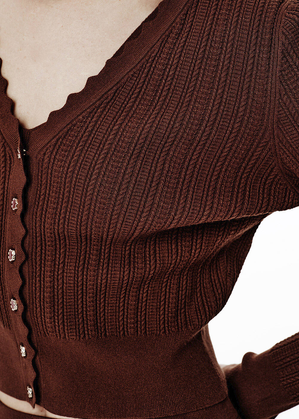 Knit Detail Enamel Button Brown Cardigan - 2