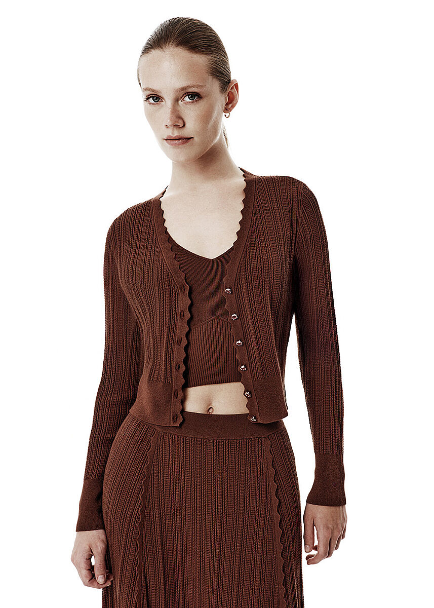 Knit Detail Enamel Button Brown Cardigan - KNITSS