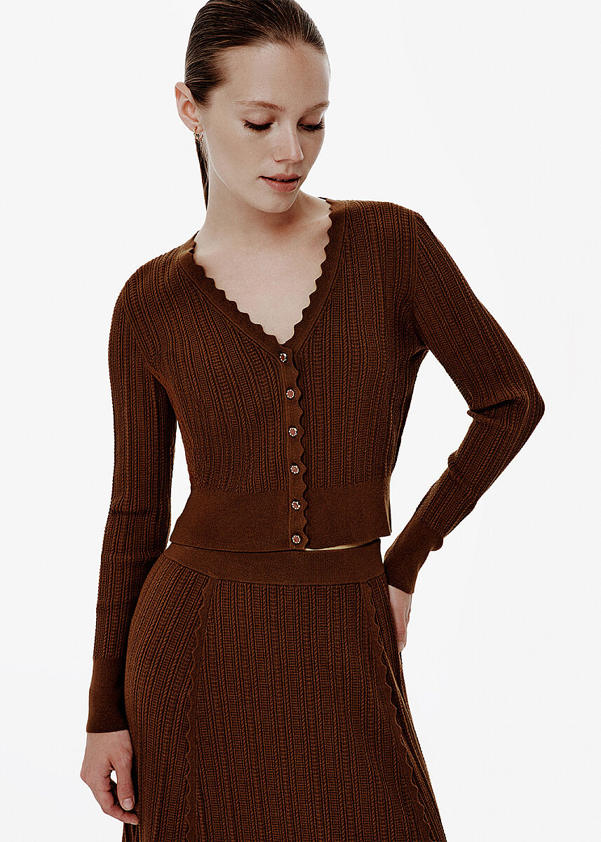 Knit Detail Enamel Button Brown Cardigan - KNITSS