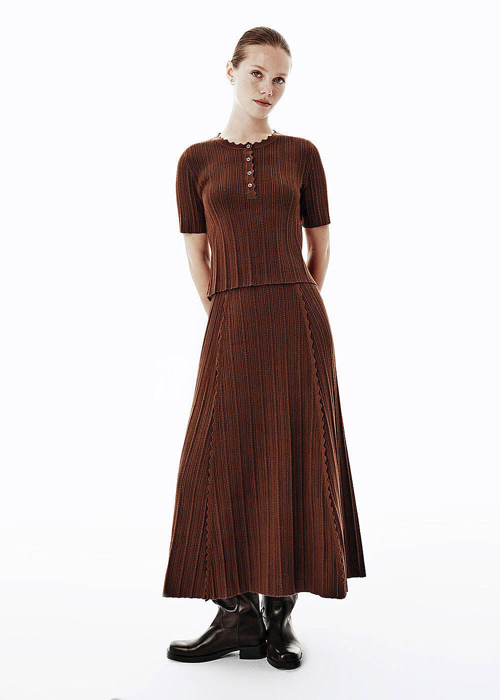 Knit Detail Enamel Button Brown Top - 2