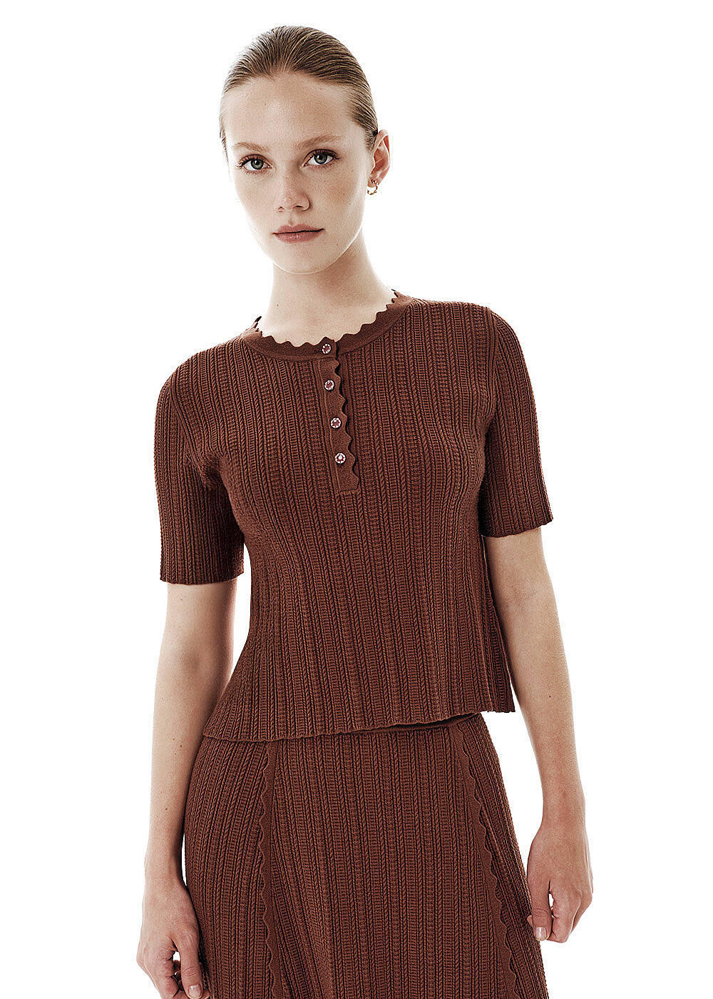 Knit Detail Enamel Button Brown Top - 1