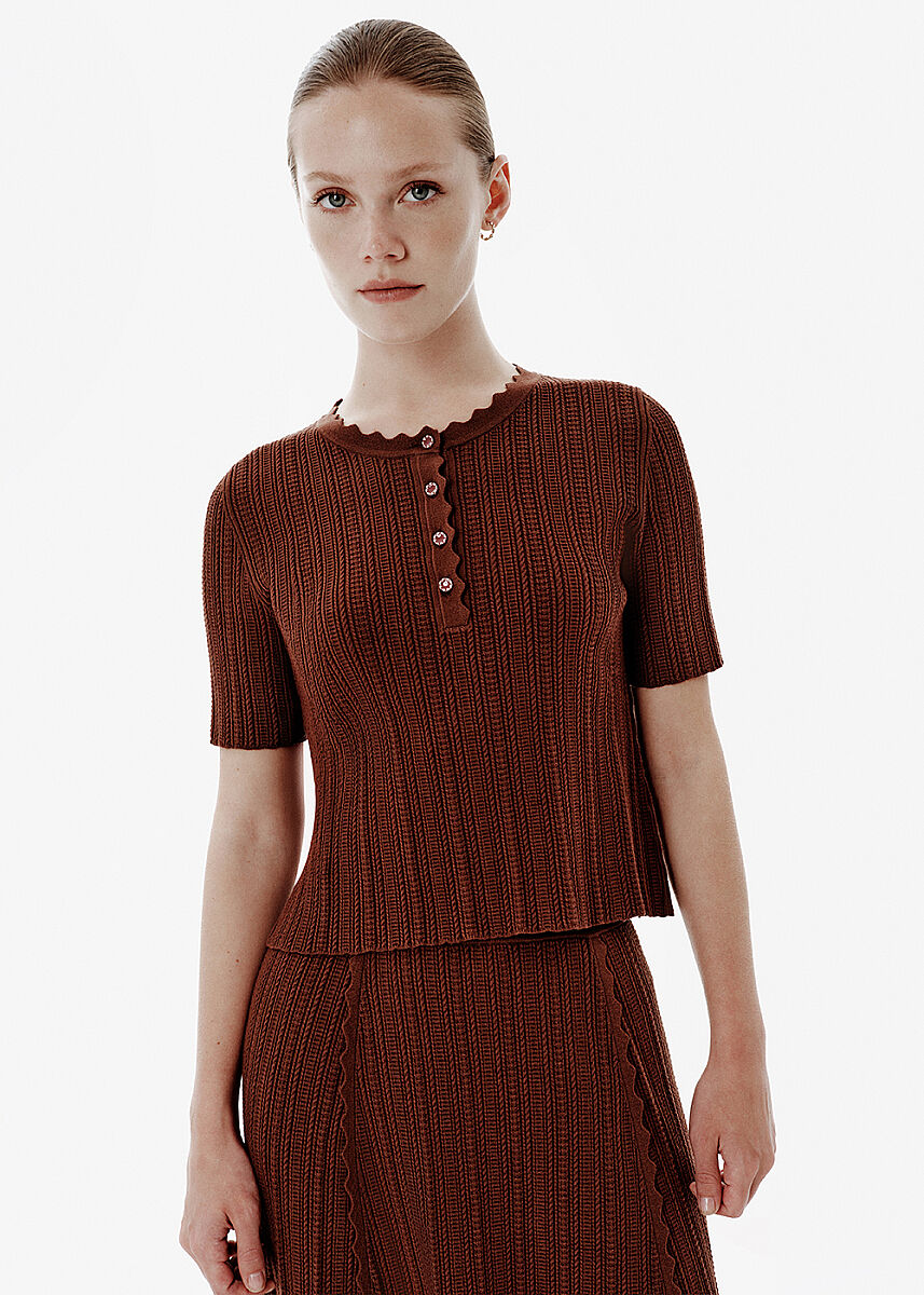 Knit Detail Enamel Button Brown Top - KNITSS