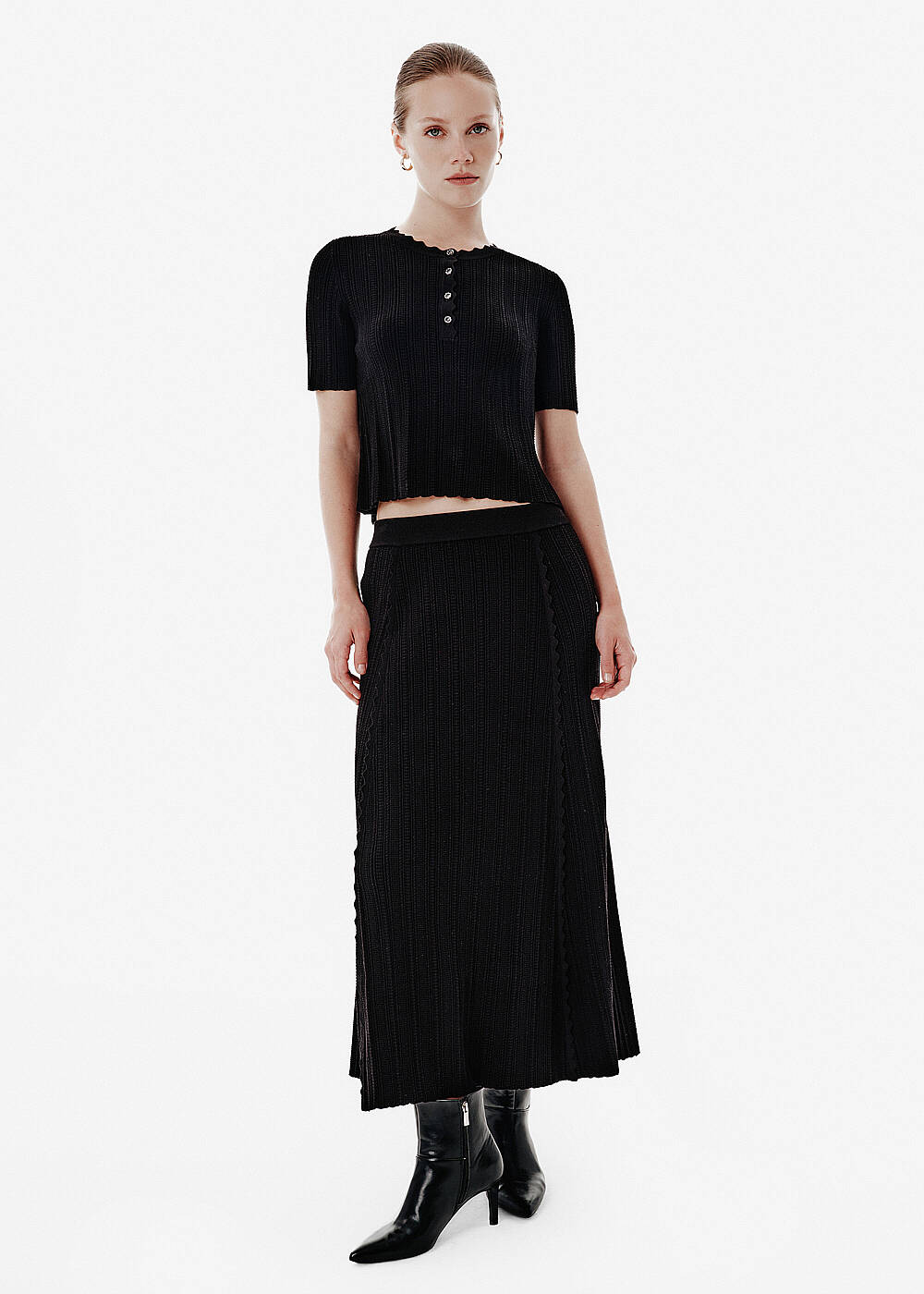 Knit Detail Enamel Button Siyah Top | Knitss - 2