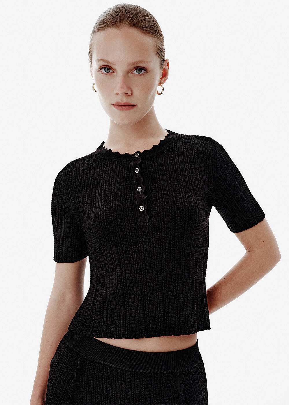 Knit Detail Enamel Button Siyah Top | Knitss - 1