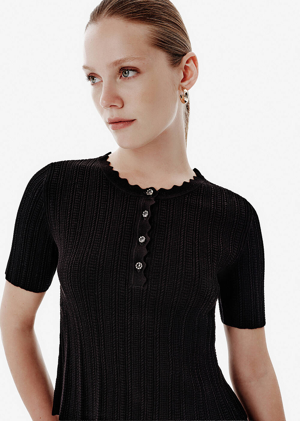 Knit Detail Enamel Button Siyah Top | Knitss - 1