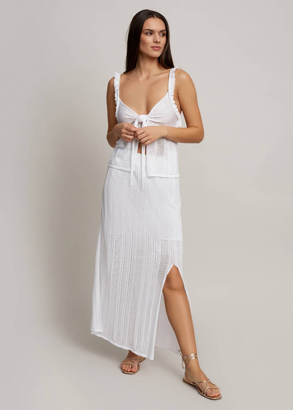 Knot Detailed White Pointelle Knit Top - 2