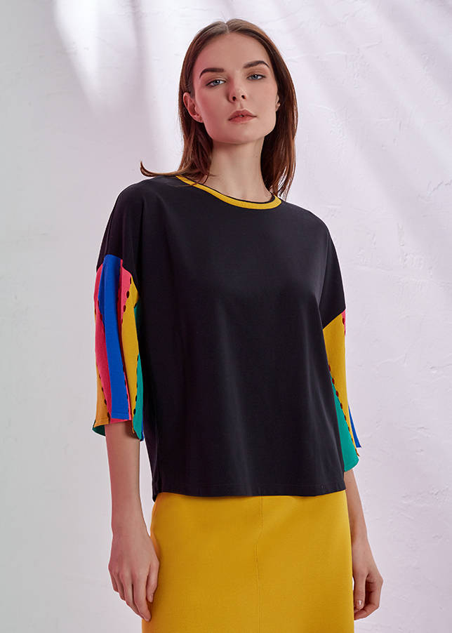 Kolları Triko Detaylı Siyah T-Shirt - 1