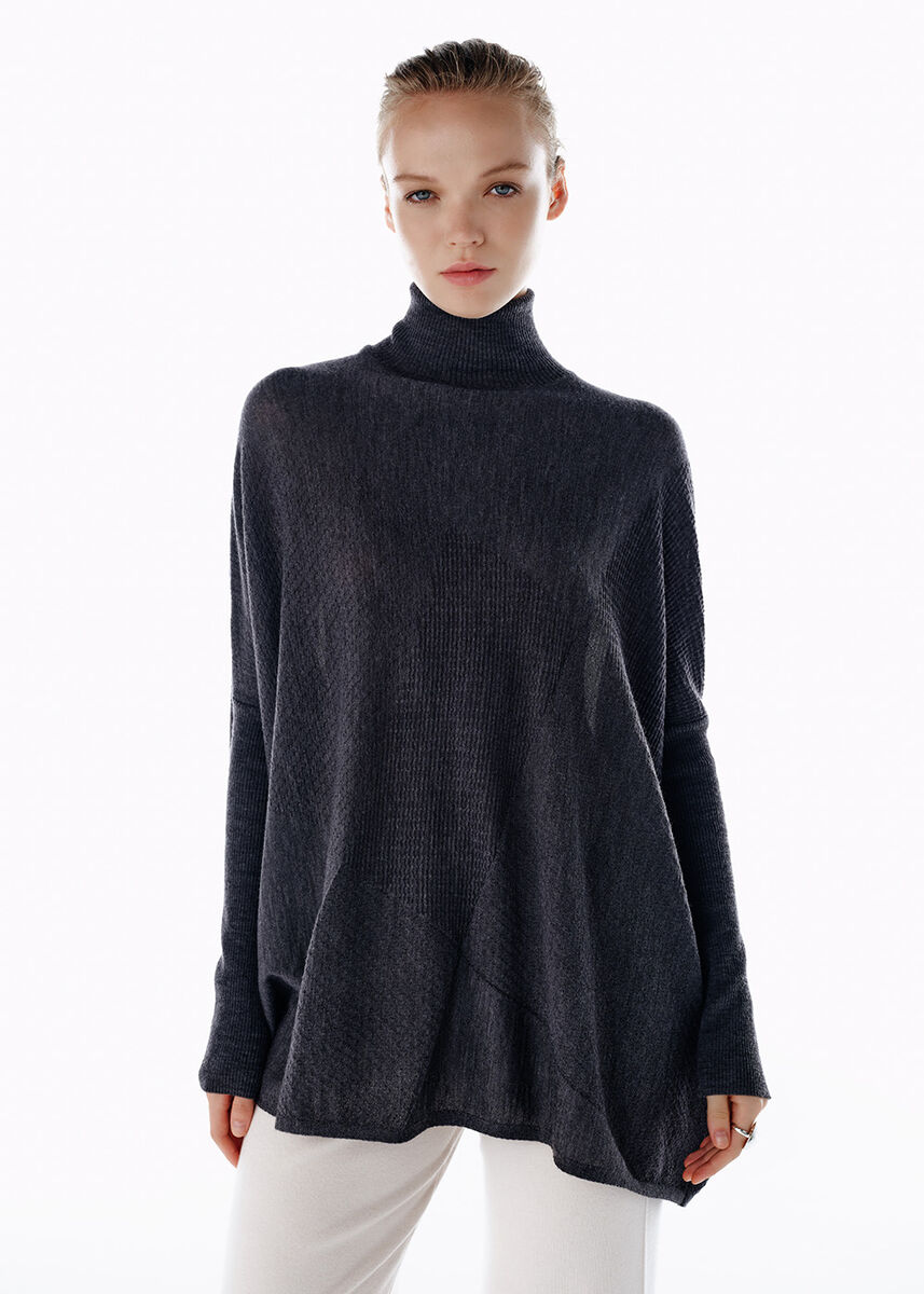 Koyu Gri Merino Yün Karışımlı Triko Tunik - KNITSS