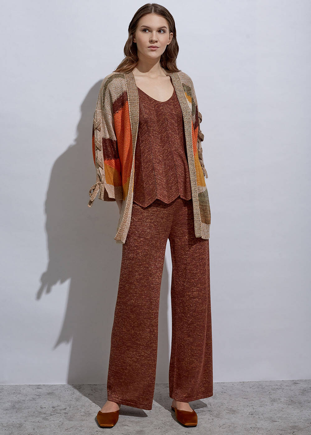 Lacing Detail Intarsia Terracotta Knit Cardigan - 2