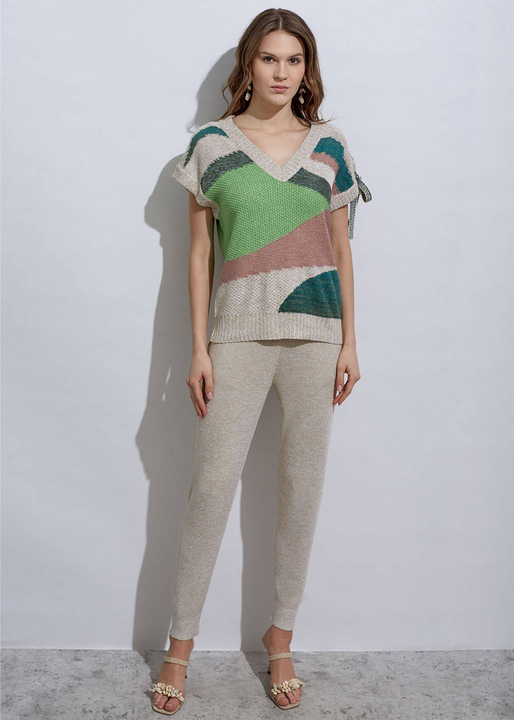 Lacing Detail Intarsia Verdigris Knit Top - 2