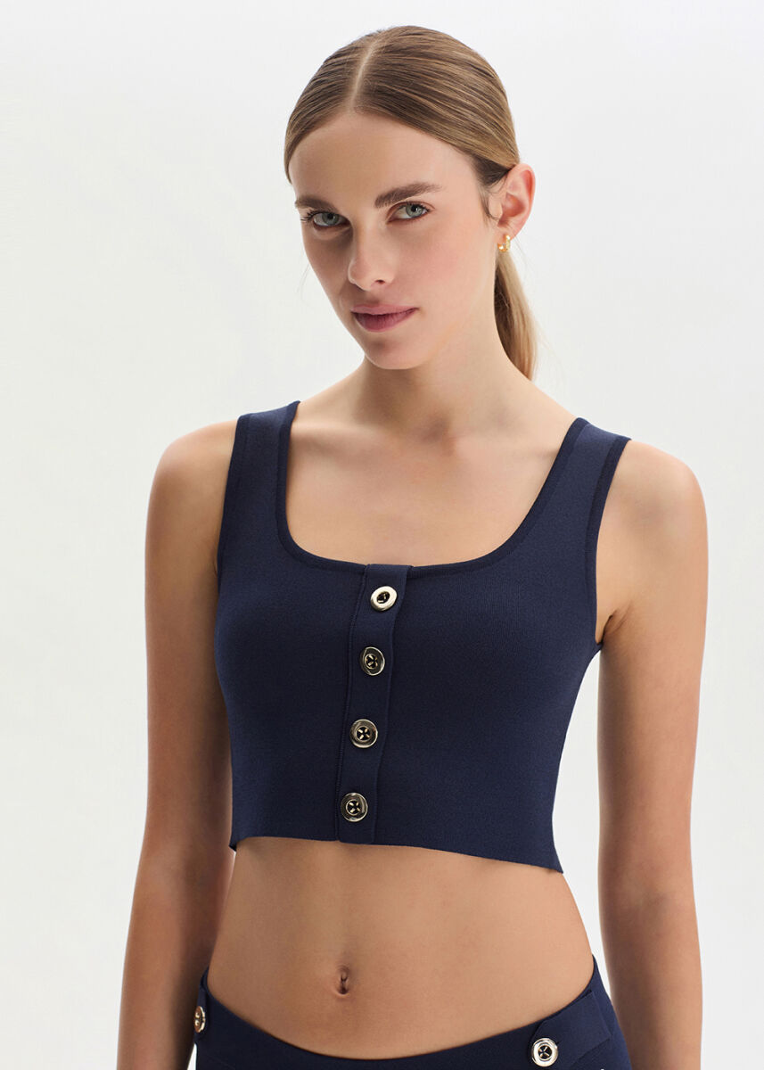 Lacivert Crop Triko Üst - KNITSS