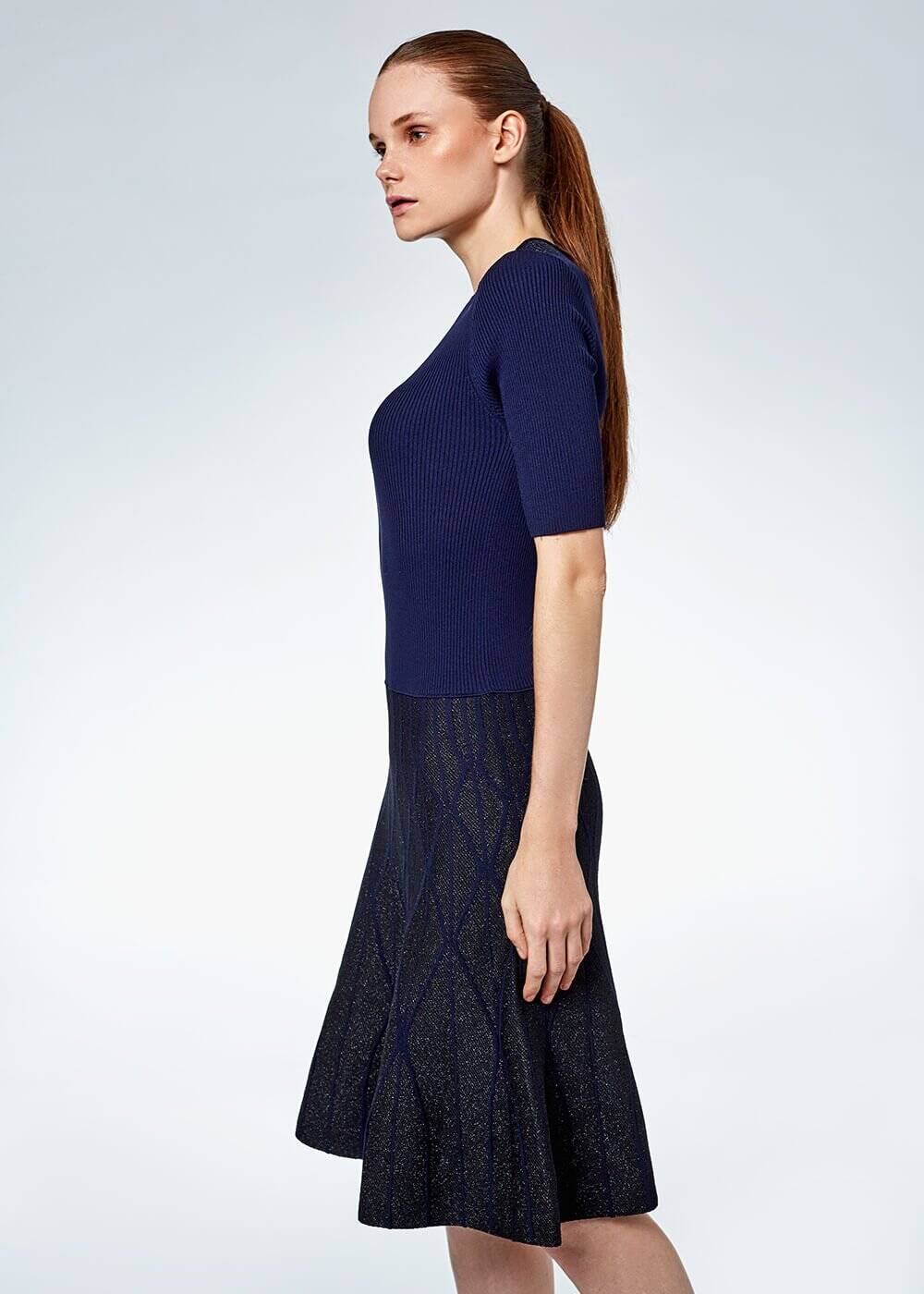 Lacivert Dizaltı Kloş Lurex Triko Elbise - 2