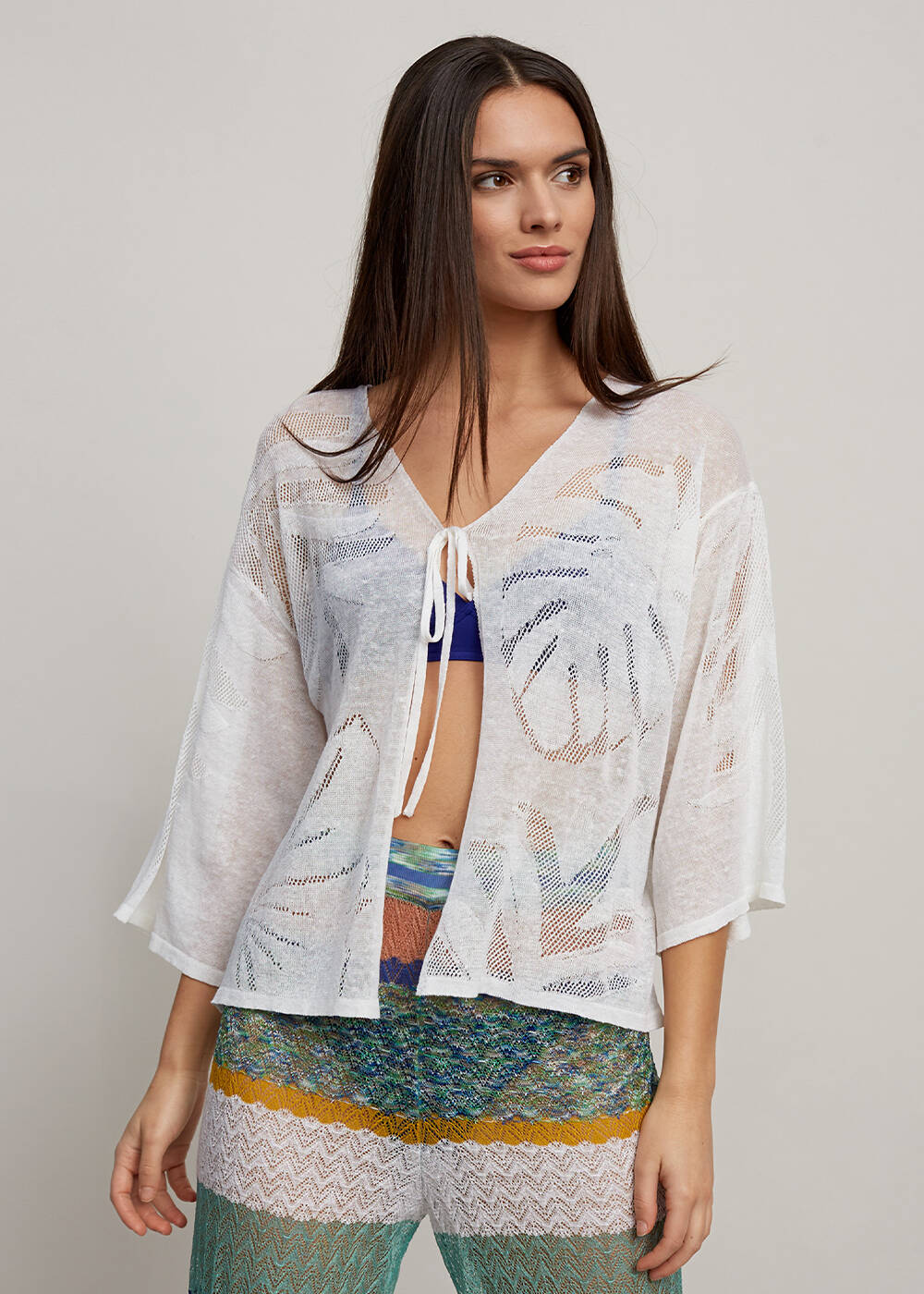 Leaf Patterned Linen White Knit Cardigan - 1