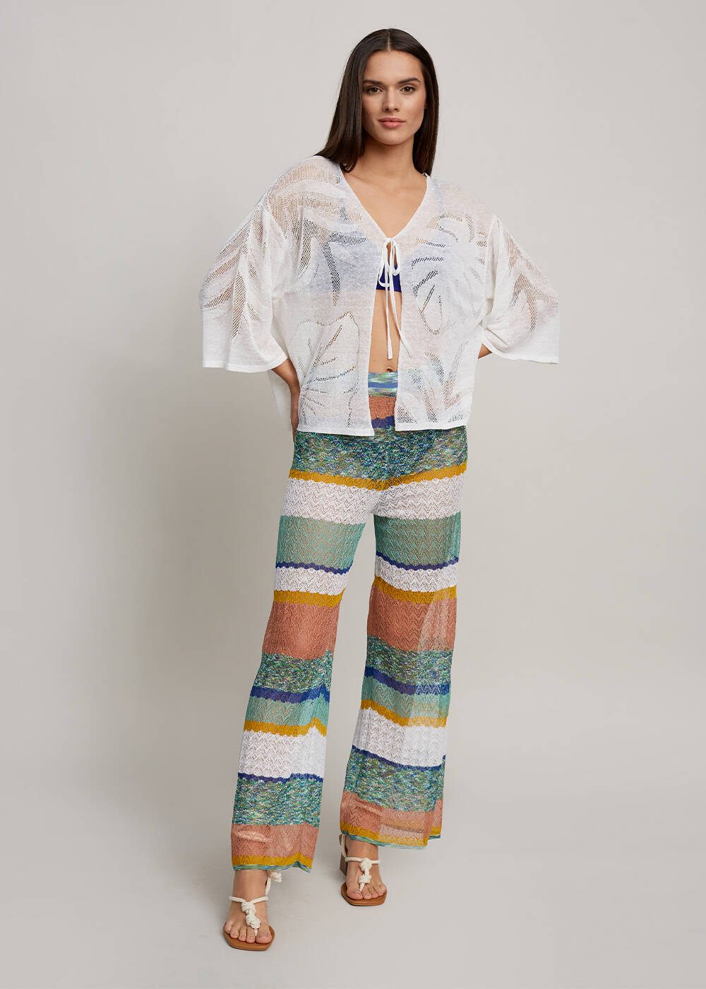 Leaf Patterned Linen White Knit Cardigan - 2