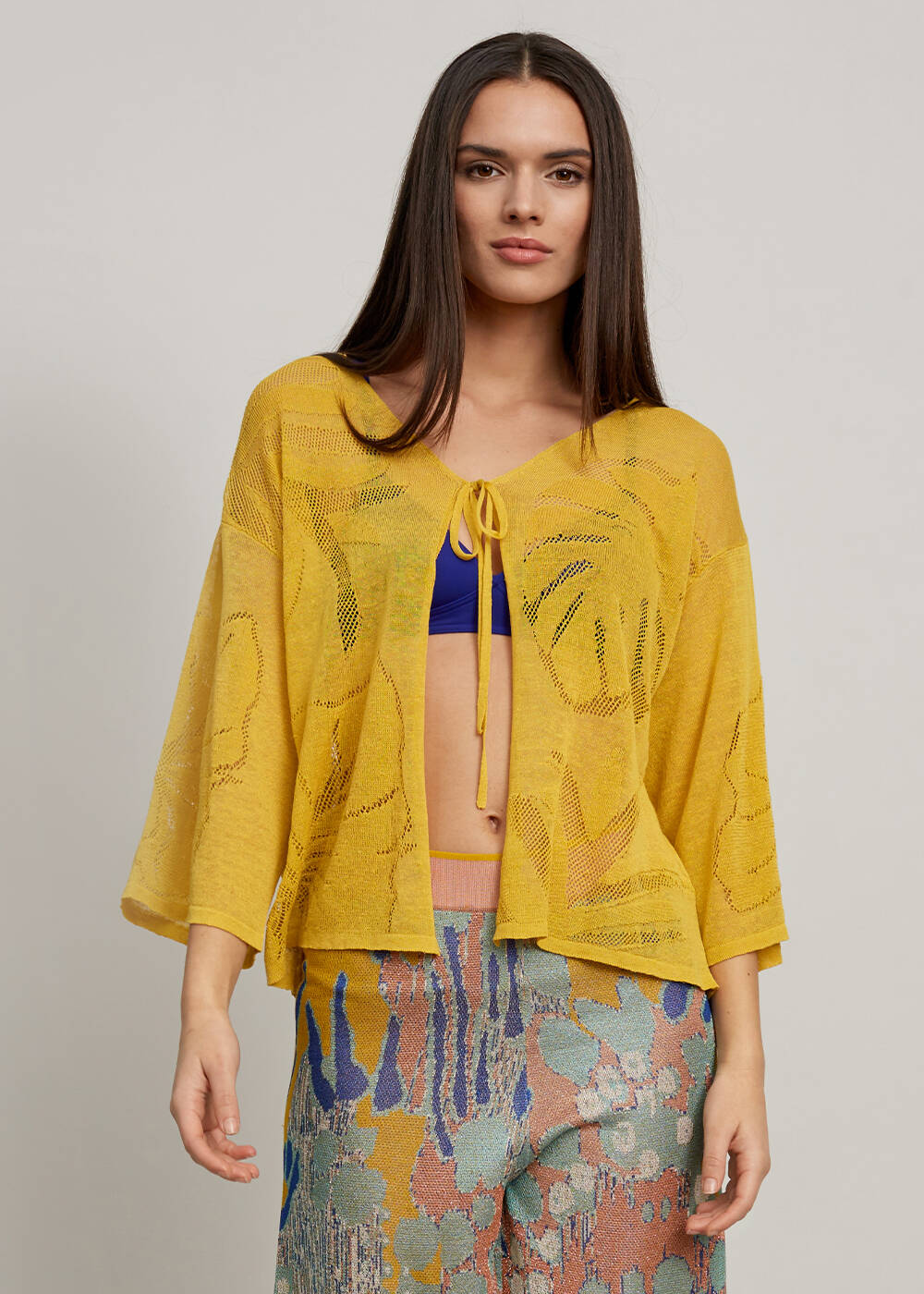 Leaf Patterned Linen Yellow Knit Cardigan - 1
