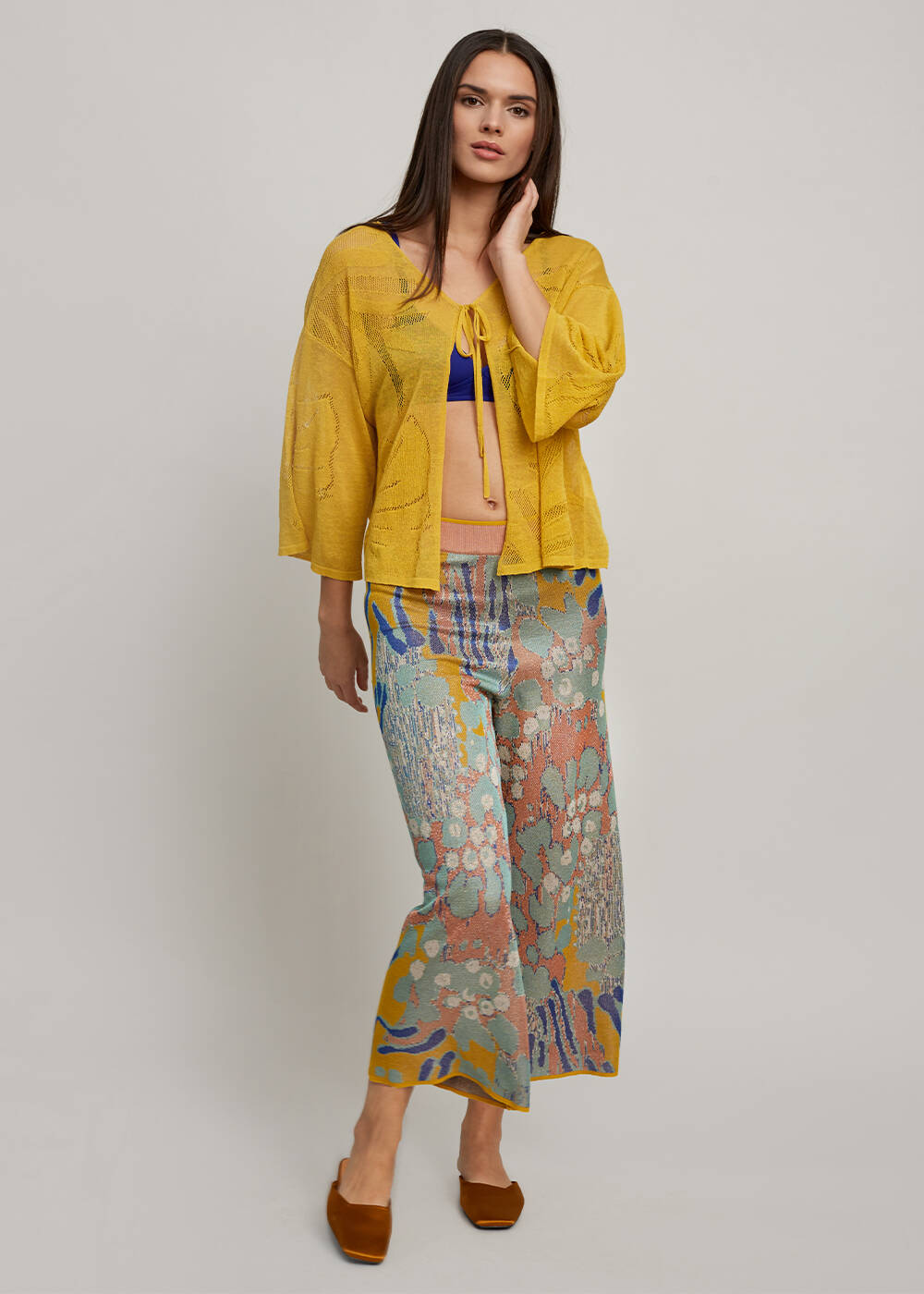 Leaf Patterned Linen Yellow Knit Cardigan - 2