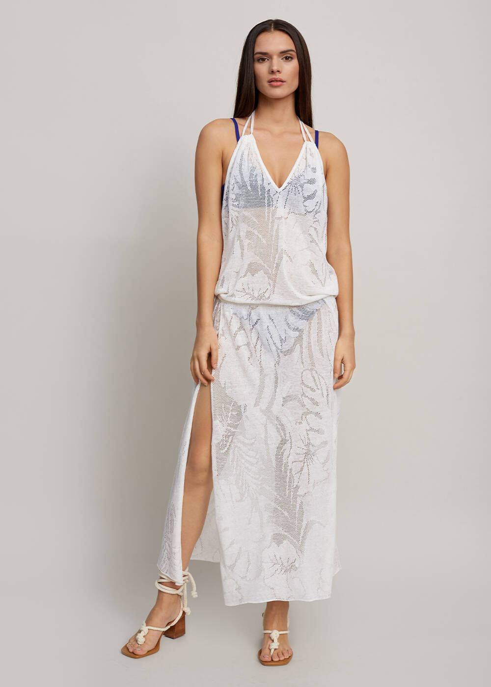 Leaf Patterned Tie Neck White Knit Dress - 1