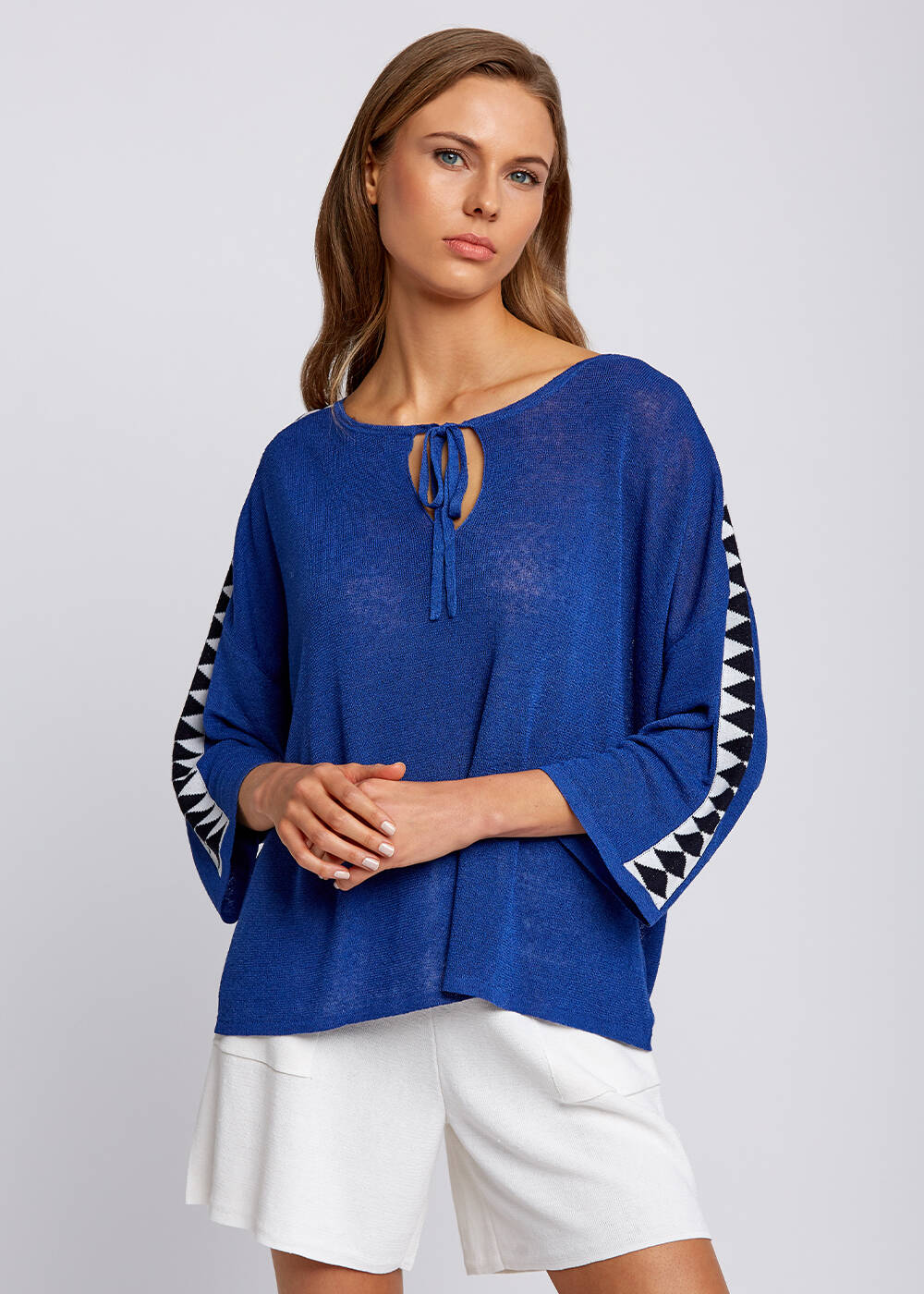 Linen Blend Contrast Geometrical Blue Knit Tunic - 1