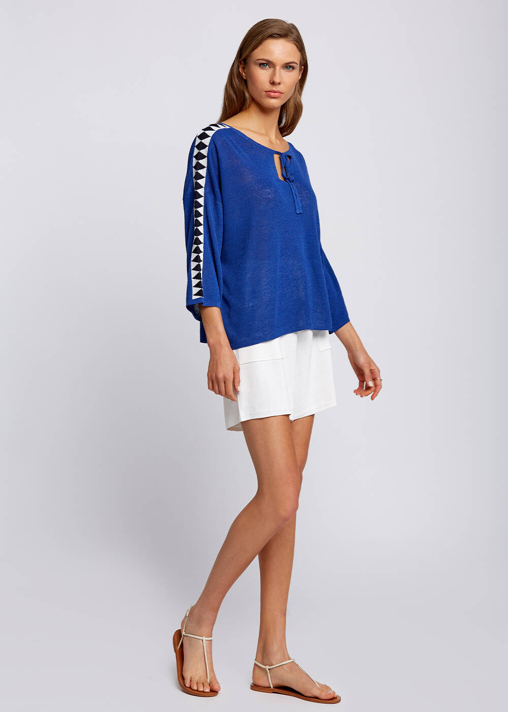 Linen Blend Contrast Geometrical Blue Knit Tunic - 2