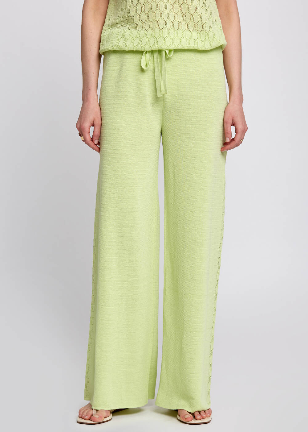 Linen Blend Pointelle Side Detail Loose Fit Green Knit Pants - 1