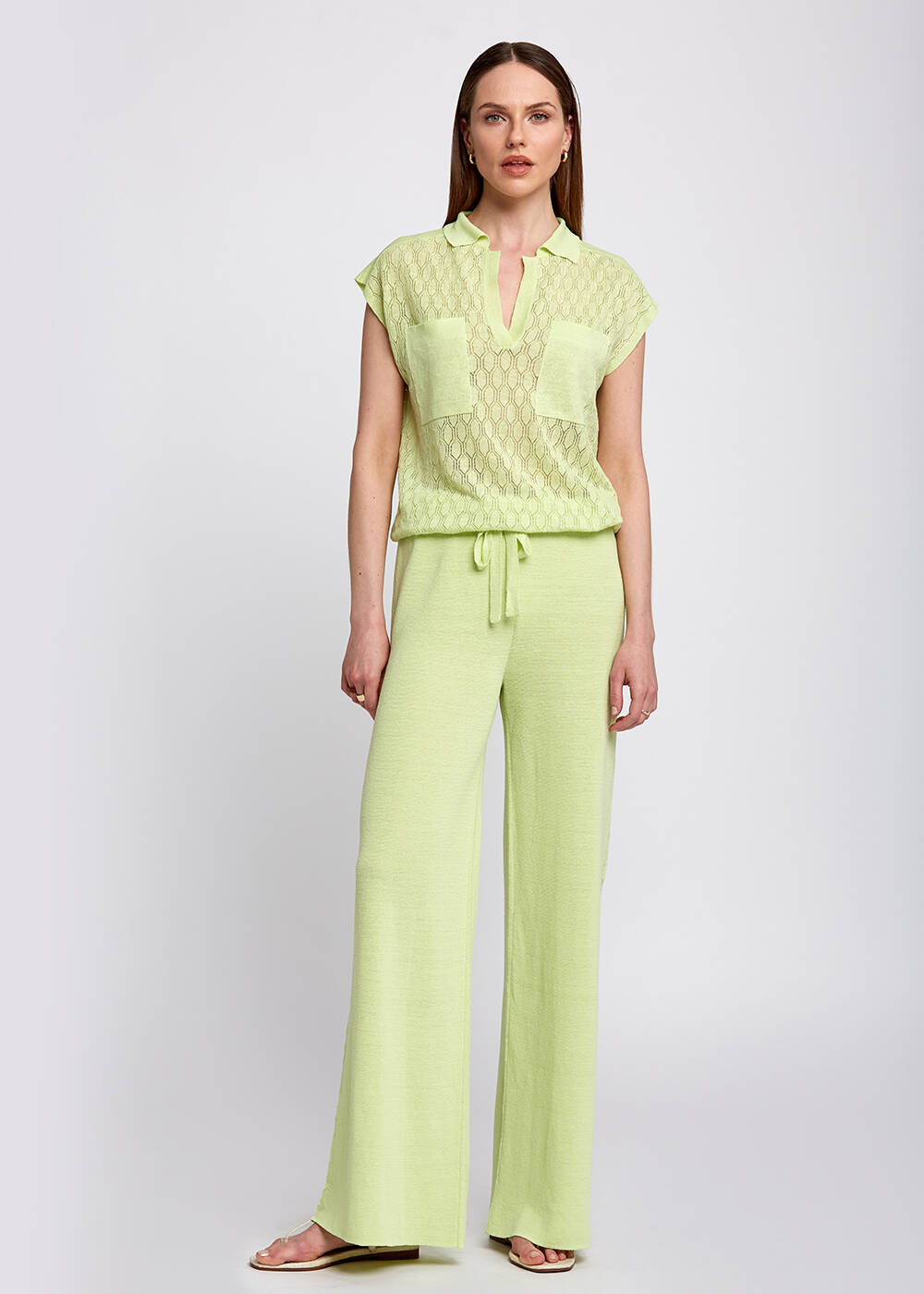 Linen Blend Pointelle Side Detail Loose Fit Green Knit Pants - 2