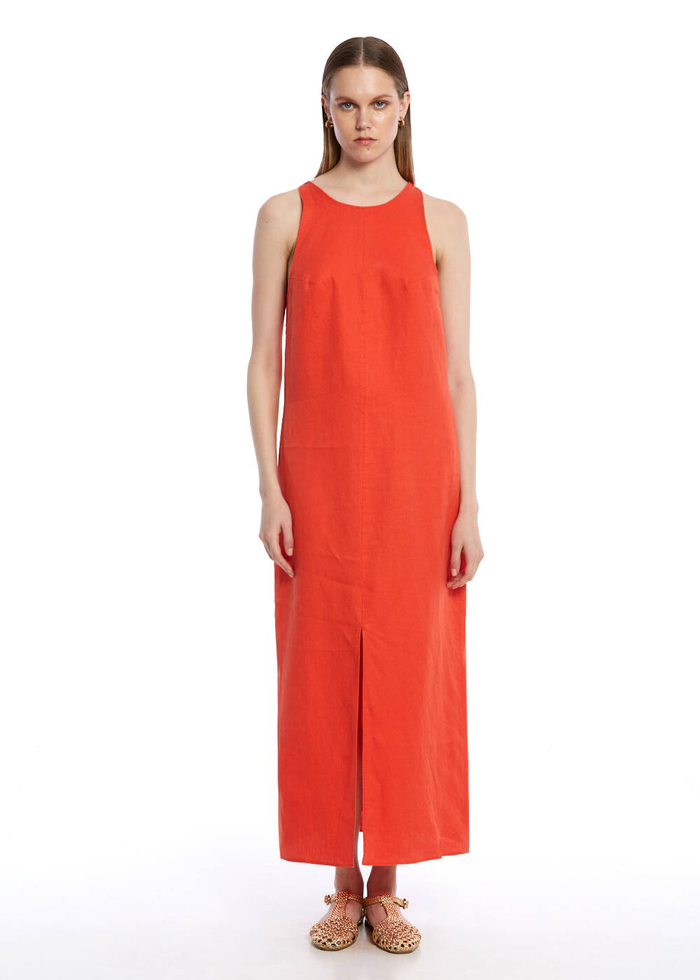 LOBSTER SIDE SLIT DETAILED LINEN DRESS - 1