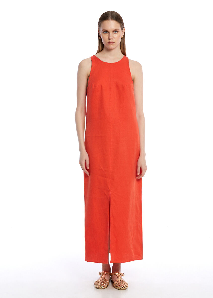 LOBSTER SIDE SLIT DETAILED LINEN DRESS - KNITSS
