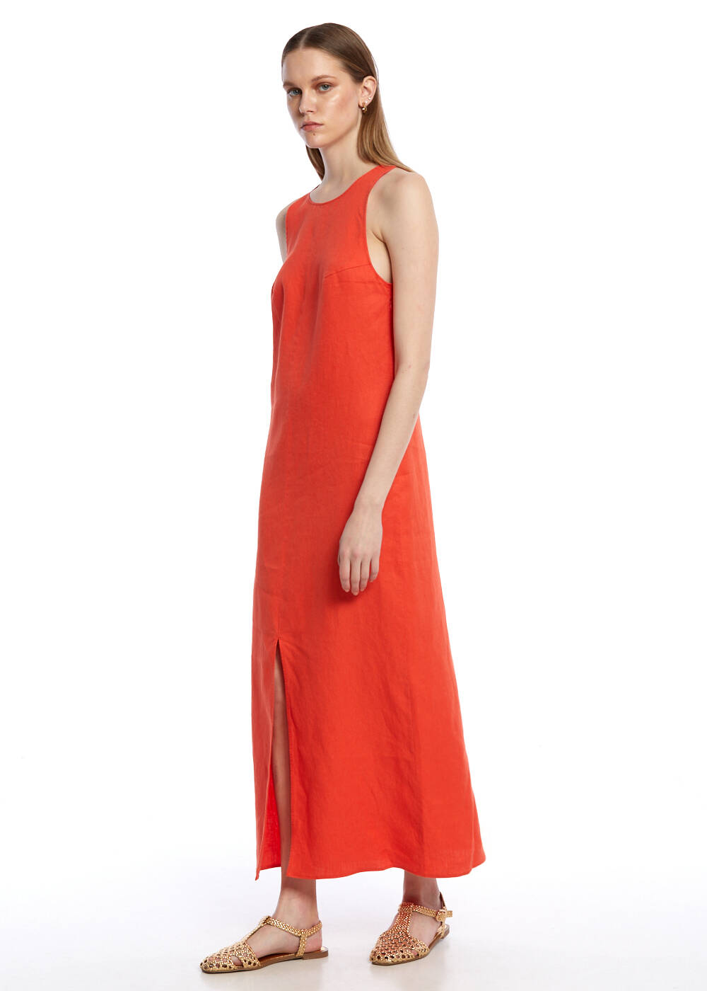 LOBSTER SIDE SLIT DETAILED LINEN DRESS - 2