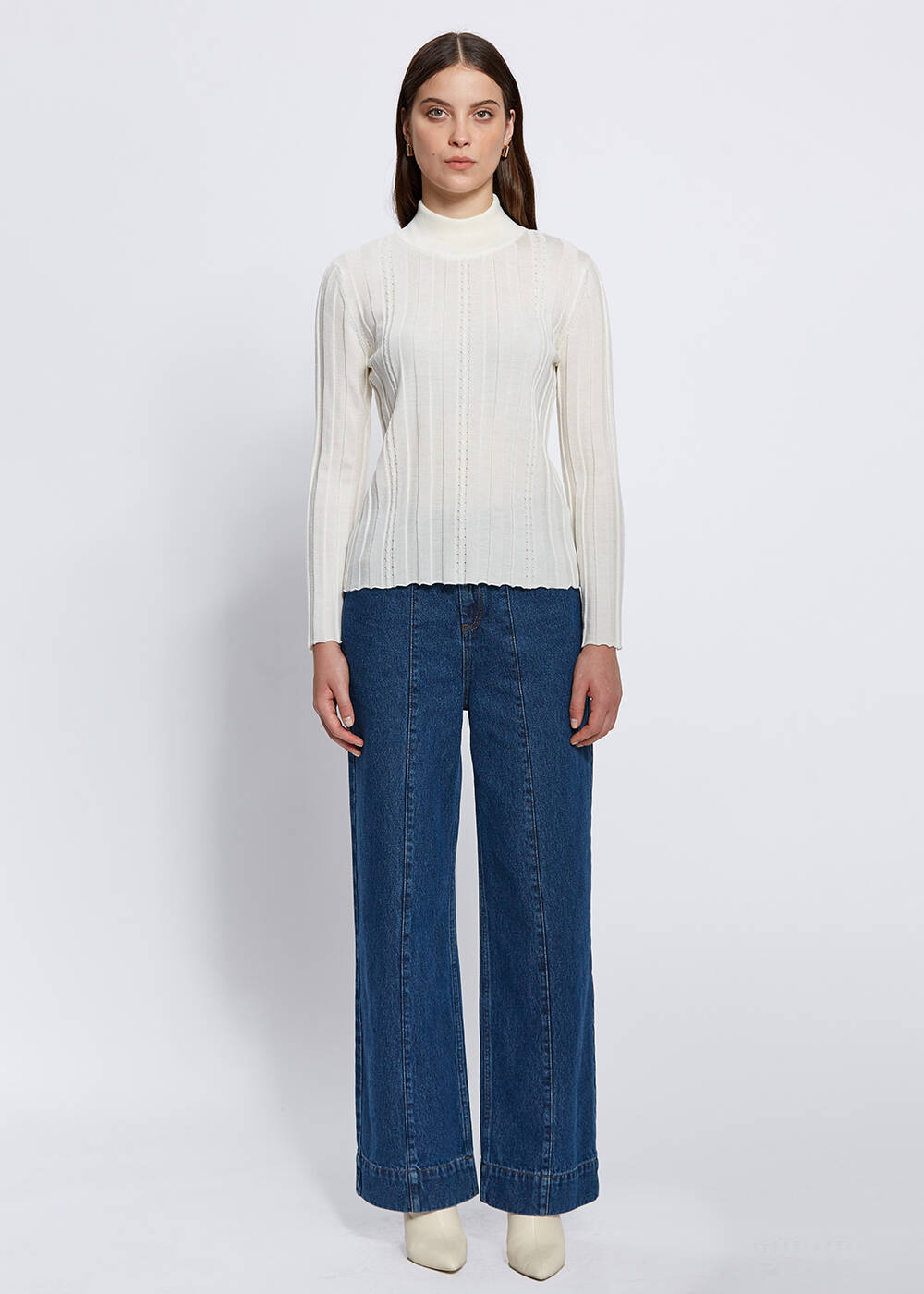 Long Sleeve Mock Neck Merıno Wool Ekru Knıt Top - 2