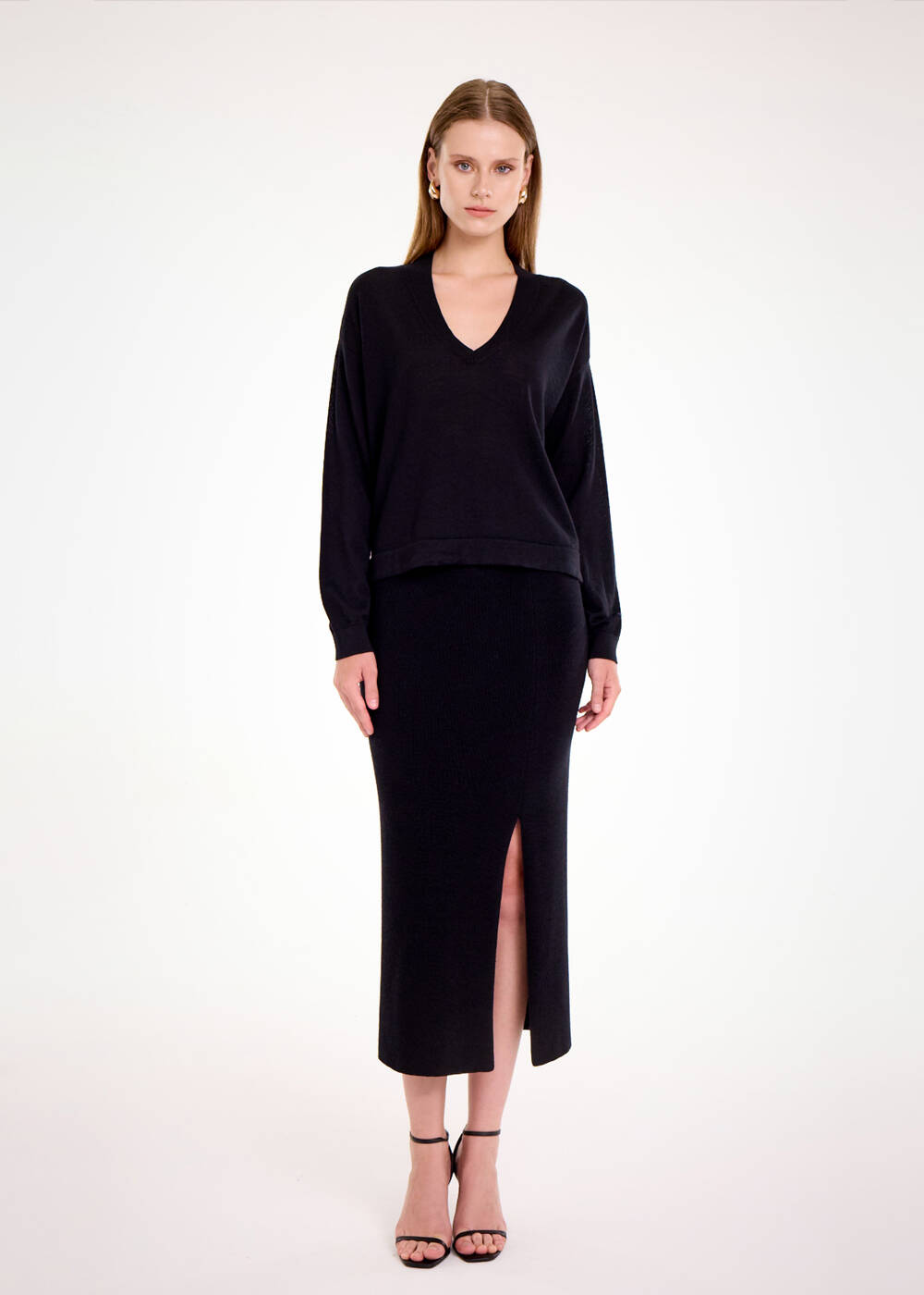 MERINO WOOL BLEND BLACK KNIT SKIRT - 2