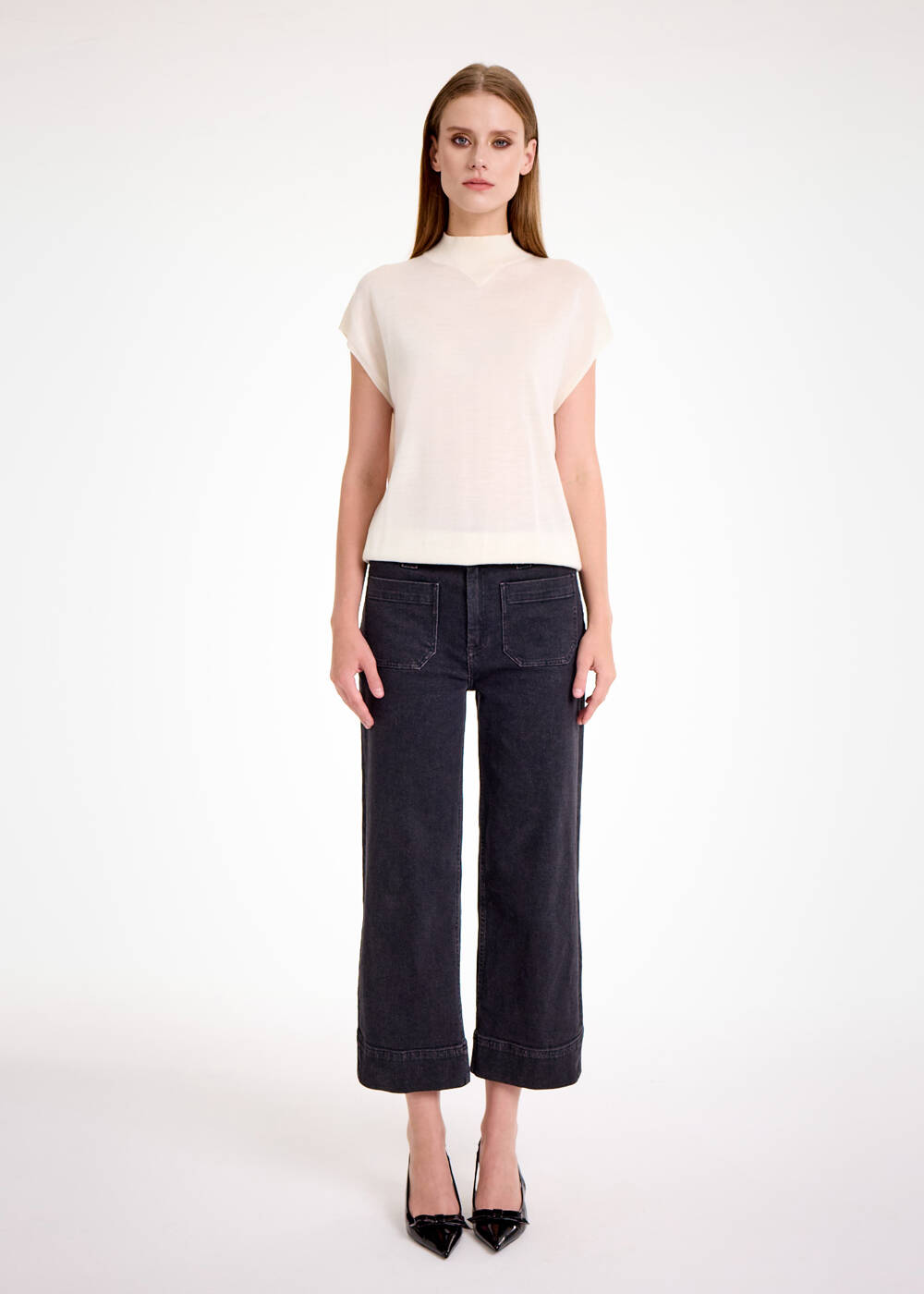 MERINO WOOL BLEND ECRU KNIT TOP - 2