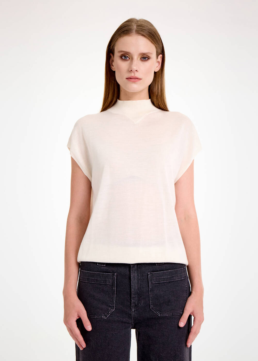 MERINO WOOL BLEND ECRU KNIT TOP - 1