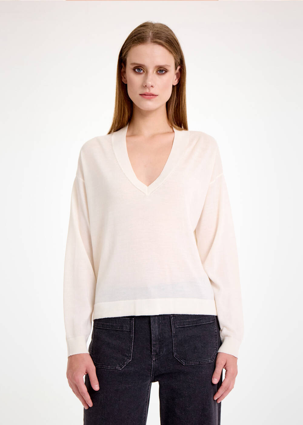 MERINO WOOL BLEND ECRU SWEATER - 1