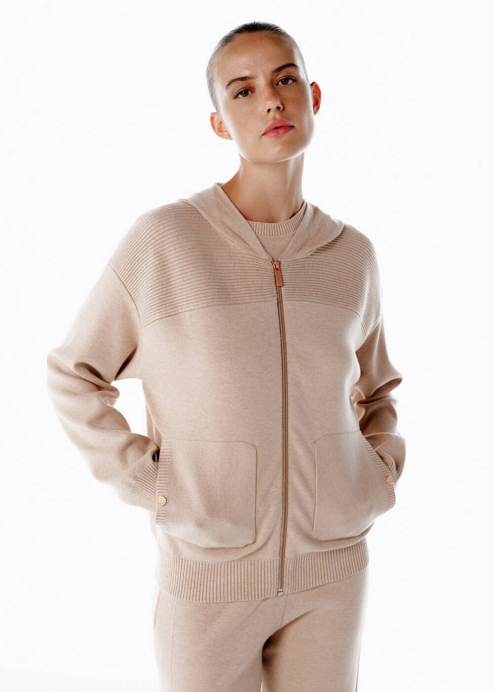 MERINO WOOL BLEND HOODED POWDER KNIT CARDIGAN - 2