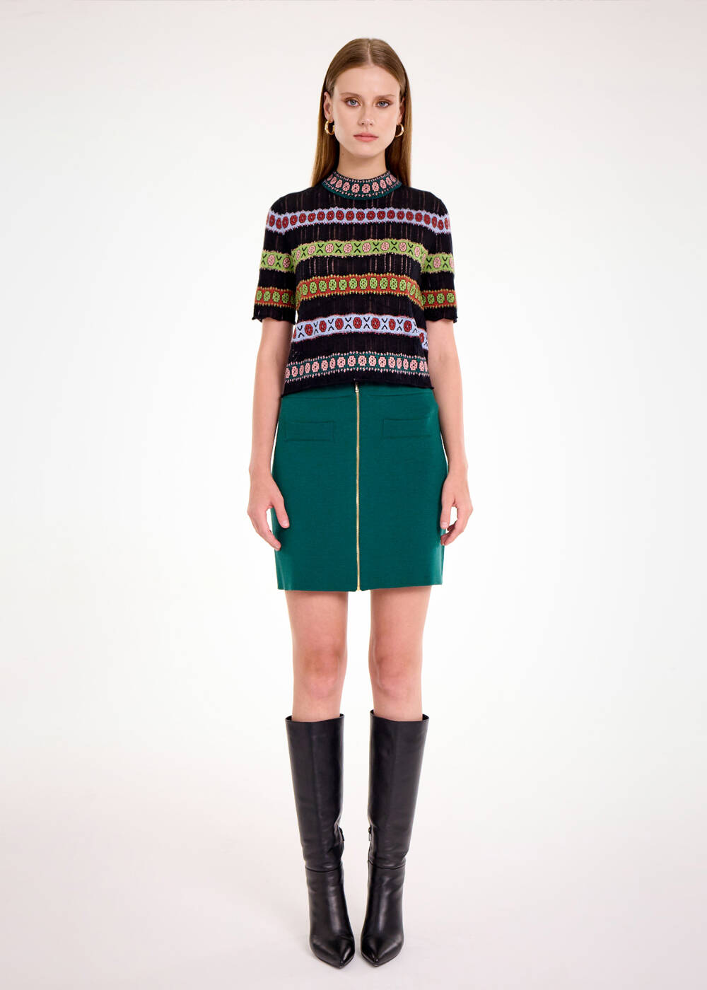 MERINO WOOL BLEND PATTERNED CROP KNIT TOP - 2