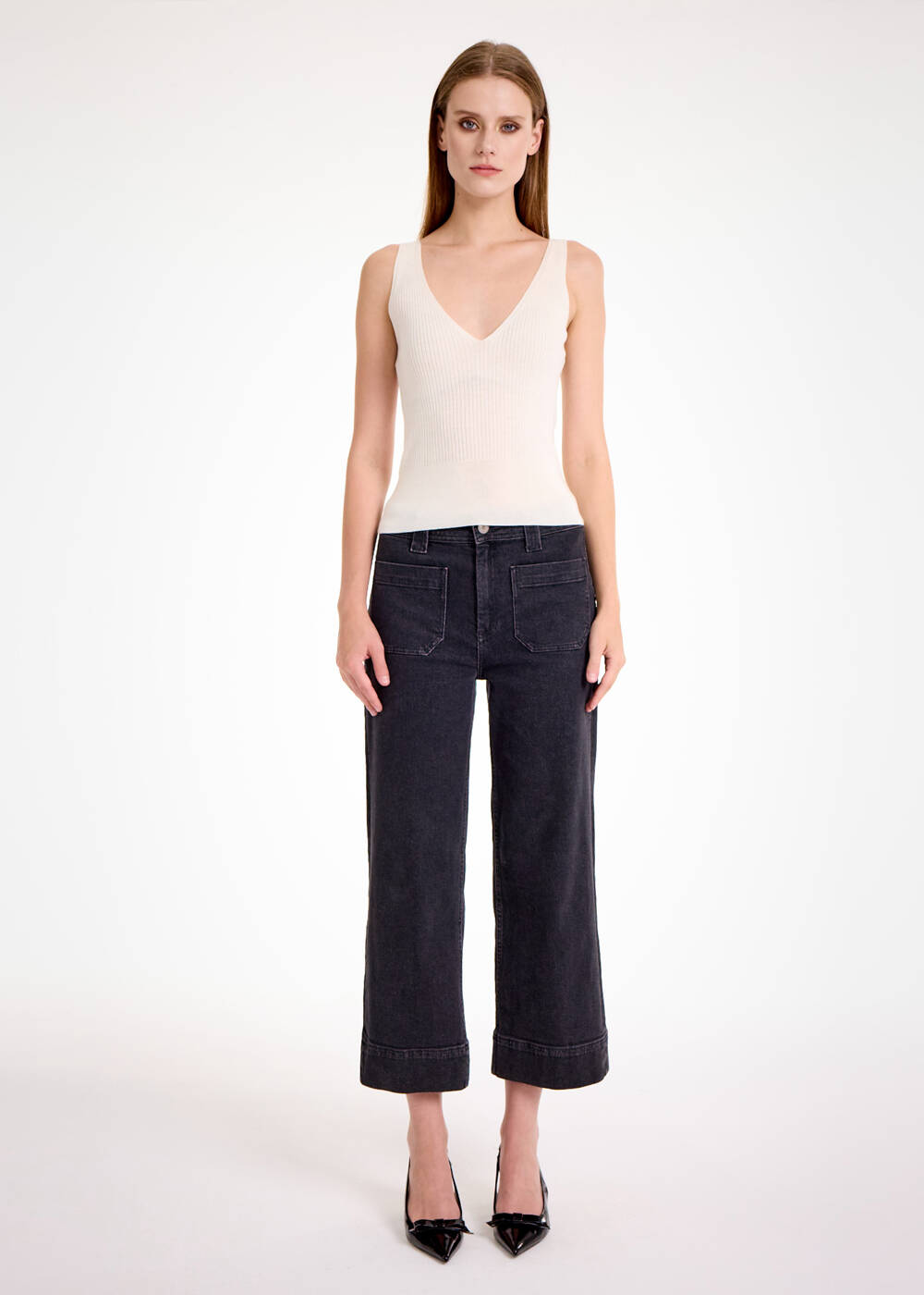 MERINO WOOL BLEND V NECK ECRU KNIT TOP - 2